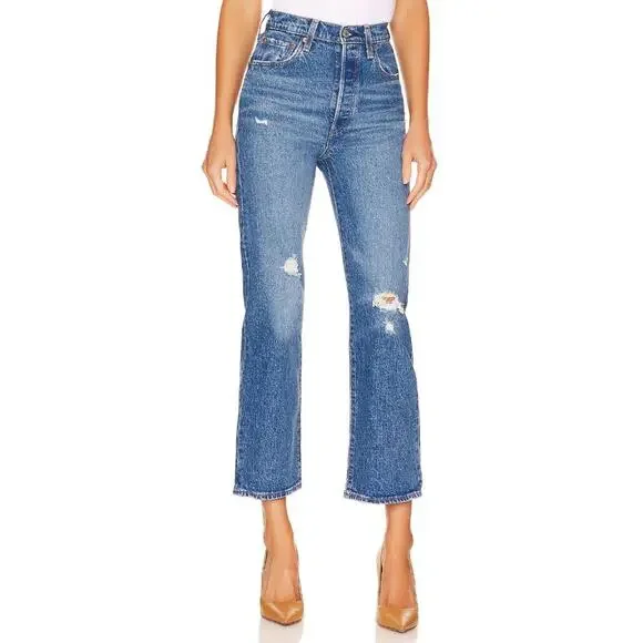 Levi’s Premium Medium Wash Distressed Ribcage Straight Ankle Jeans - Picture 1 of 15